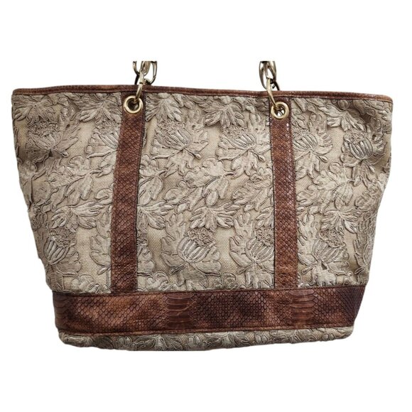 Rare Clever Carriage Company Embroidered lace & Croc Embossed Leather Large Tote - Picture 4 of 16